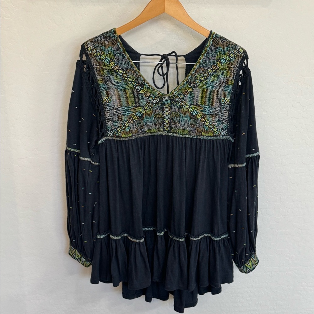 Free People Much Love Embroidered Tunic Dress Washed Black Boho Cottagecore Sz M
